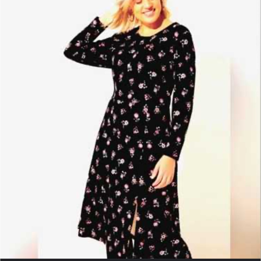 LOFT Black and Pink Floral Long Sleeve Jersey Dress Size 12